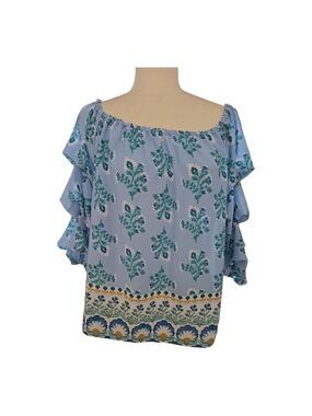 CeCe Blue Green Patterned Off Shoulder Blouse Large